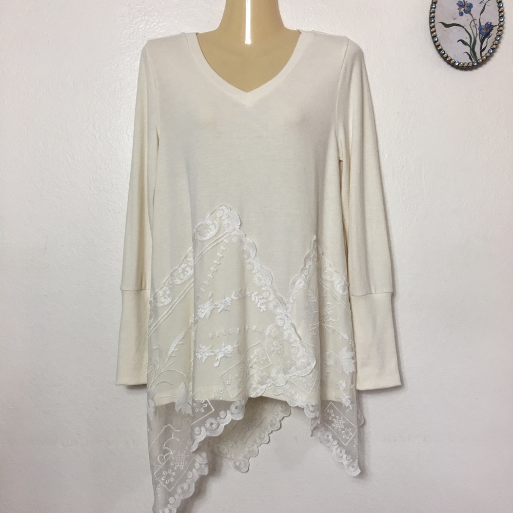 Soft Surroundings V Neck Lacey Layered Knit Sweater